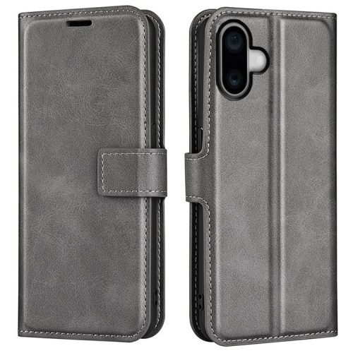 For iPhone 16 Case Calf Texture PU Leather Folio Flip Phone Wallet Cover - Grey