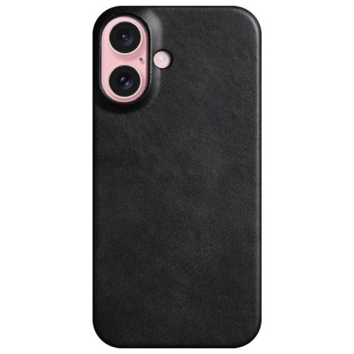 For iPhone 16 Case Calf Texture PU Leather Hard PC Protective Phone Cover - Black