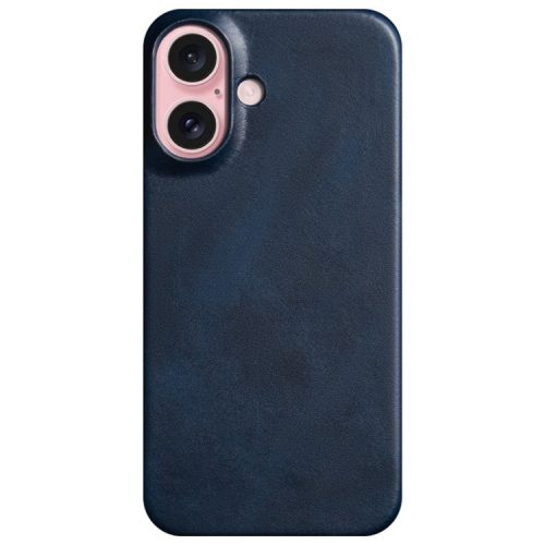 For iPhone 16 Case Calf Texture PU Leather Hard PC Protective Phone Cover - Blue