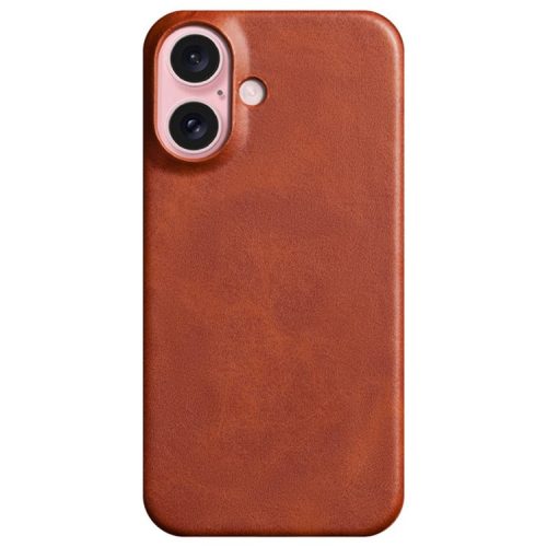 For iPhone 16 Case Calf Texture PU Leather Hard PC Protective Phone Cover - Brown