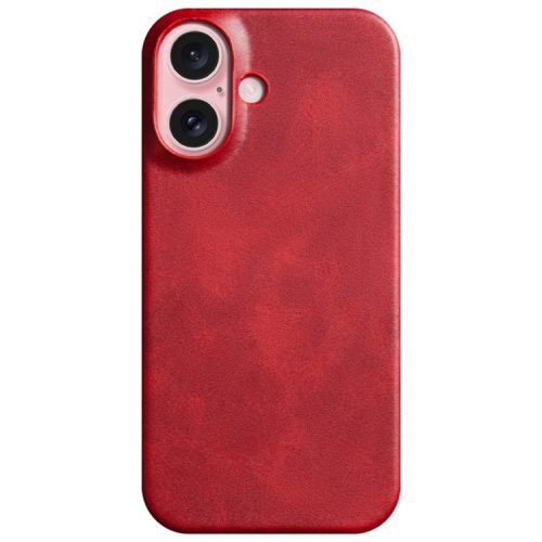 For iPhone 16 Case Calf Texture PU Leather Hard PC Protective Phone Cover - Red