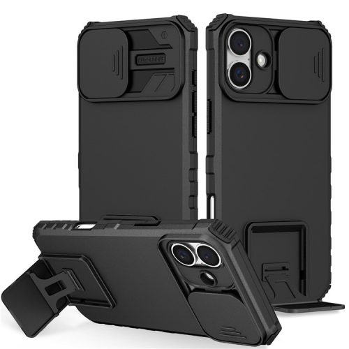 For iPhone 16 Case Camera Slider PC + TPU Phone Cover with Kickstand - Black