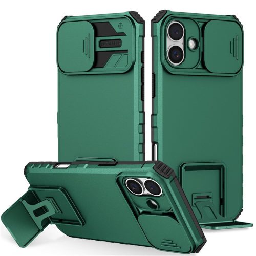 For iPhone 16 Case Camera Slider PC + TPU Phone Cover with Kickstand - Blackish Green