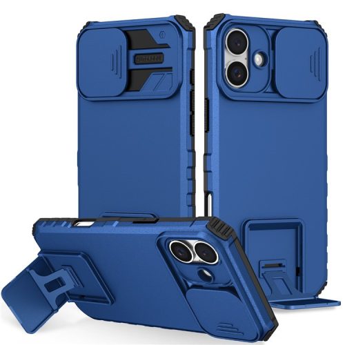 For iPhone 16 Case Camera Slider PC + TPU Phone Cover with Kickstand - Blue