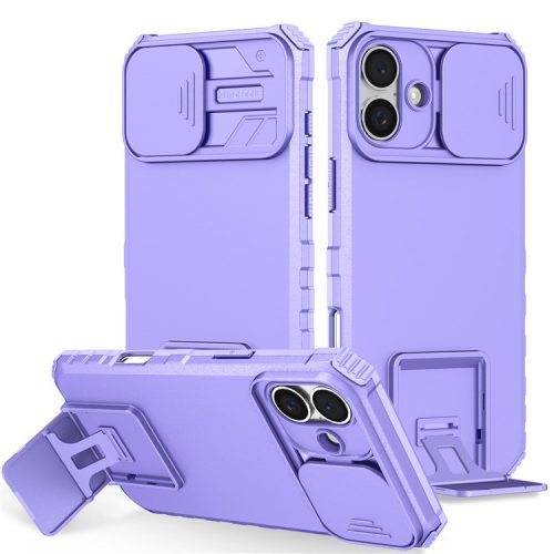 For iPhone 16 Case Camera Slider PC + TPU Phone Cover with Kickstand - Purple