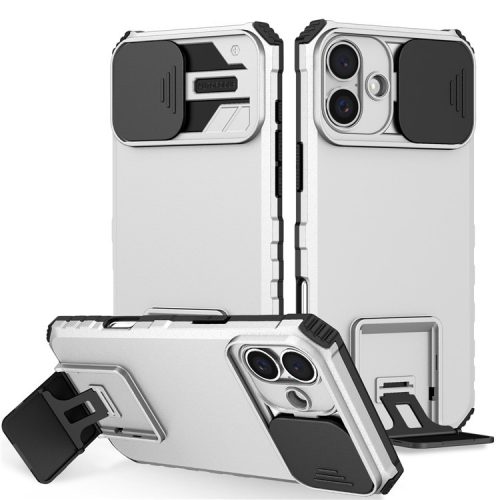 For iPhone 16 Case Camera Slider PC + TPU Phone Cover with Kickstand - Silver