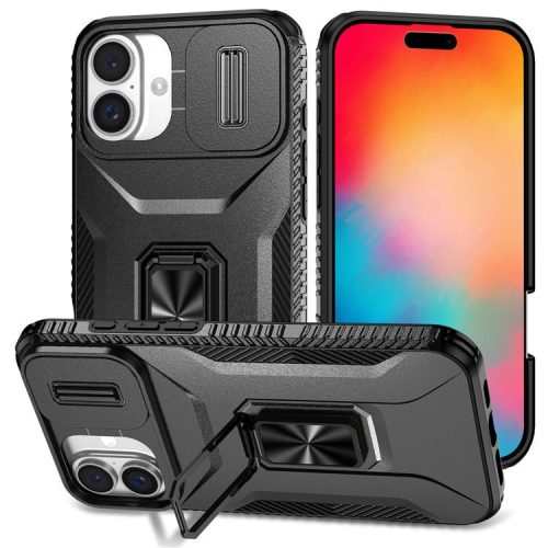 For iPhone 16 Case Camshield Kickstand TPU+PC Anti-Slip Phone Cover - Black