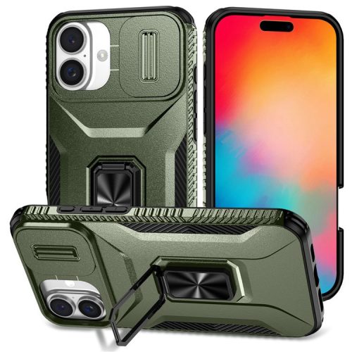 For iPhone 16 Case Camshield Kickstand TPU+PC Anti-Slip Phone Cover - Green