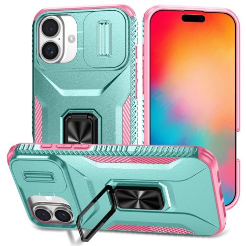 For iPhone 16 Case Camshield Kickstand TPU+PC Anti-Slip Phone Cover - Grey Green+Pink