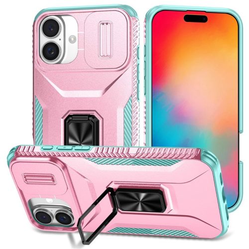 For iPhone 16 Case Camshield Kickstand TPU+PC Anti-Slip Phone Cover - Pink+Grey Green