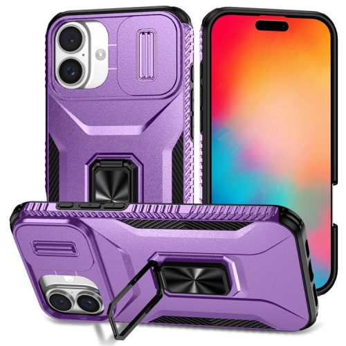 For iPhone 16 Case Camshield Kickstand TPU+PC Anti-Slip Phone Cover - Purple