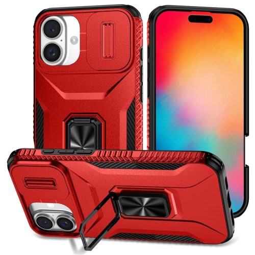 For iPhone 16 Case Camshield Kickstand TPU+PC Anti-Slip Phone Cover - Red