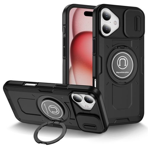 For iPhone 16 Case Camshield Kickstand TPU+PC Phone Cover Support Magnetic Car Mount - Black