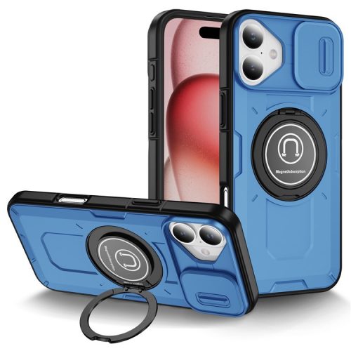 For iPhone 16 Case Camshield Kickstand TPU+PC Phone Cover Support Magnetic Car Mount - Blue