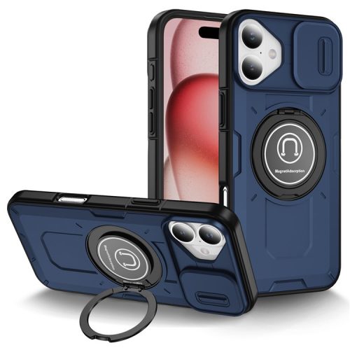 For iPhone 16 Case Camshield Kickstand TPU+PC Phone Cover Support Magnetic Car Mount - Dark Blue