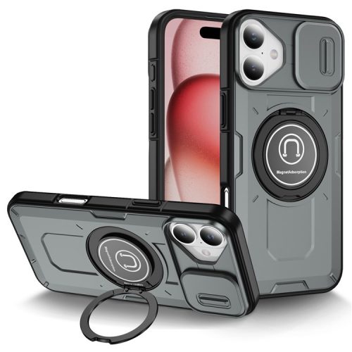 For iPhone 16 Case Camshield Kickstand TPU+PC Phone Cover Support Magnetic Car Mount - Grey