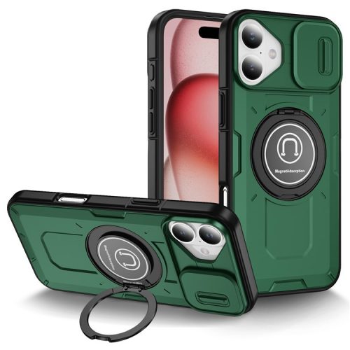 For iPhone 16 Case Camshield Kickstand TPU+PC Phone Cover Support Magnetic Car Mount - Midnight Green