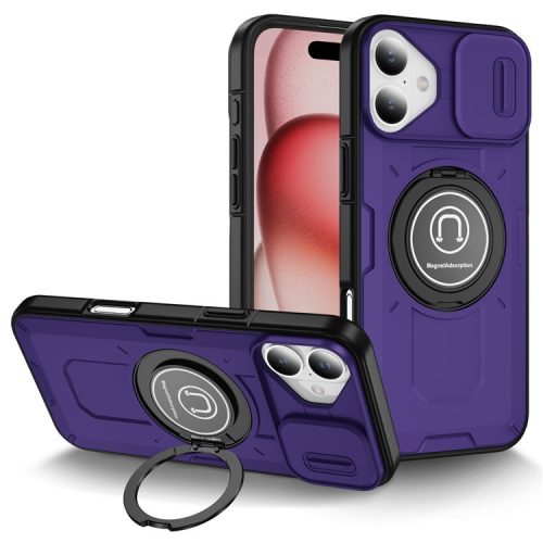 For iPhone 16 Case Camshield Kickstand TPU+PC Phone Cover Support Magnetic Car Mount - Purple