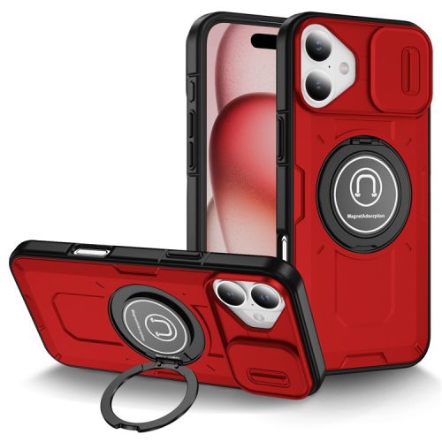 For iPhone 16 Case Camshield Kickstand TPU+PC Phone Cover Support Magnetic Car Mount - Red