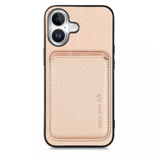 For iPhone 16 Case Carbon Fiber Leather Back Cover with Detachable Card Bag - Apricot