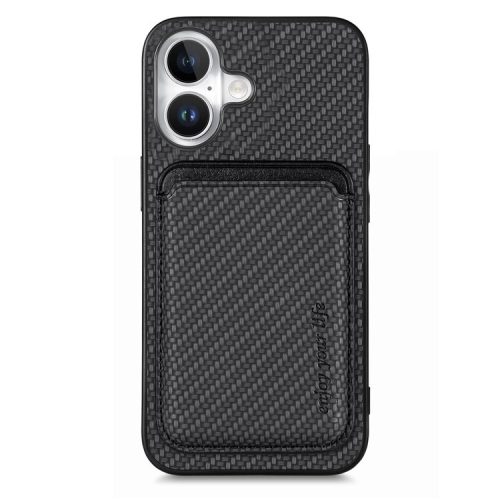 For iPhone 16 Case Carbon Fiber Leather Back Cover with Detachable Card Bag - Black