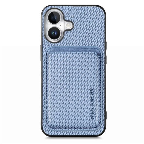 For iPhone 16 Case Carbon Fiber Leather Back Cover with Detachable Card Bag - Blue