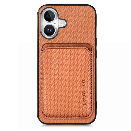 For iPhone 16 Case Carbon Fiber Leather Back Cover with Detachable Card Bag - Brown