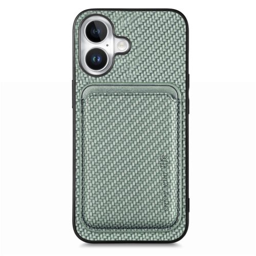 For iPhone 16 Case Carbon Fiber Leather Back Cover with Detachable Card Bag - Green