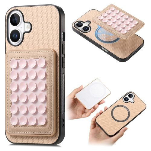 For iPhone 16 Case Carbon Fiber Texture Leather Back Cover with Magnetic Detachable Suction Cup - Apricot