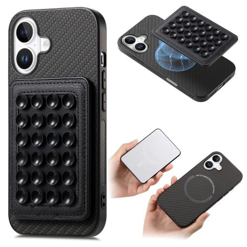 For iPhone 16 Case Carbon Fiber Texture Leather Back Cover with Magnetic Detachable Suction Cup - Black