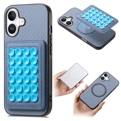 For iPhone 16 Case Carbon Fiber Texture Leather Back Cover with Magnetic Detachable Suction Cup - Blue