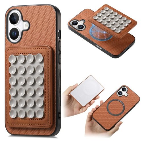 For iPhone 16 Case Carbon Fiber Texture Leather Back Cover with Magnetic Detachable Suction Cup - Brown