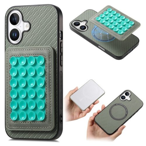 For iPhone 16 Case Carbon Fiber Texture Leather Back Cover with Magnetic Detachable Suction Cup - Green