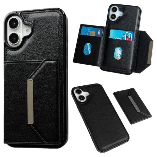 For iPhone 16 Case Card Bag Kickstand TPU+PU Phone Cover - Black