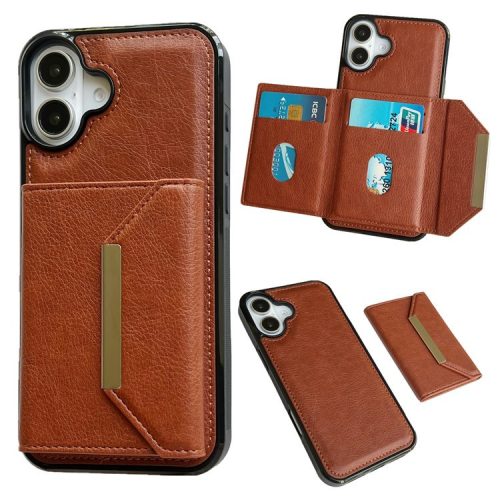 For iPhone 16 Case Card Bag Kickstand TPU+PU Phone Cover - Brown