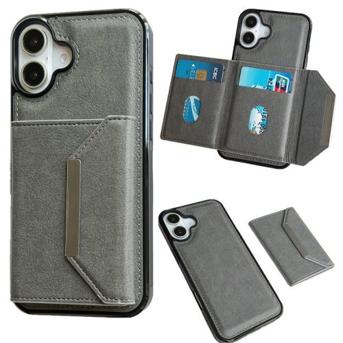 For iPhone 16 Case Card Bag Kickstand TPU+PU Phone Cover - Grey