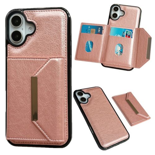 For iPhone 16 Case Card Bag Kickstand TPU+PU Phone Cover - Rose Gold