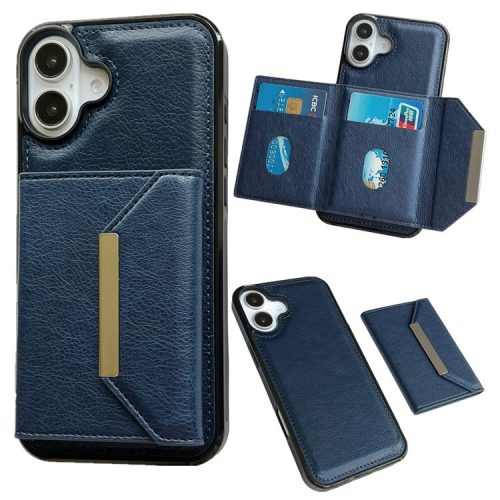 For iPhone 16 Case Card Bag Kickstand TPU+PU Phone Cover - Sapphire