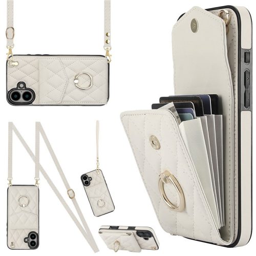 For iPhone 16 Case Card Bag Leather+TPU Crossbody Phone Cover with Ring Kickstand - Beige