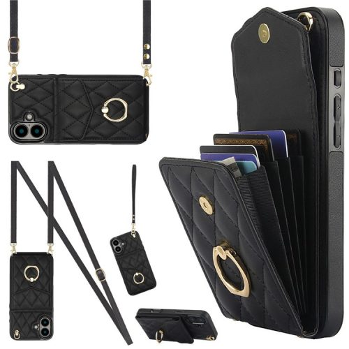 For iPhone 16 Case Card Bag Leather+TPU Crossbody Phone Cover with Ring Kickstand - Black