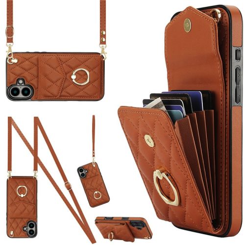 For iPhone 16 Case Card Bag Leather+TPU Crossbody Phone Cover with Ring Kickstand - Brown