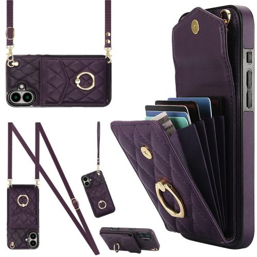 For iPhone 16 Case Card Bag Leather+TPU Crossbody Phone Cover with Ring Kickstand - Dark Purple