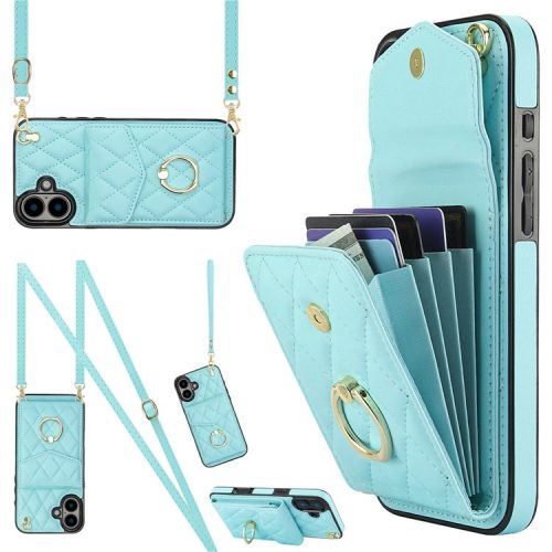 For iPhone 16 Case Card Bag Leather+TPU Crossbody Phone Cover with Ring Kickstand - Mint Green