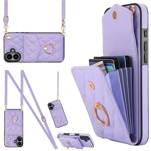 For iPhone 16 Case Card Bag Leather+TPU Crossbody Phone Cover with Ring Kickstand - Purple