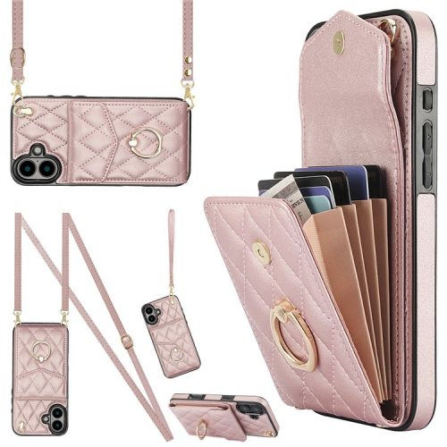 For iPhone 16 Case Card Bag Leather+TPU Crossbody Phone Cover with Ring Kickstand - Rose Gold