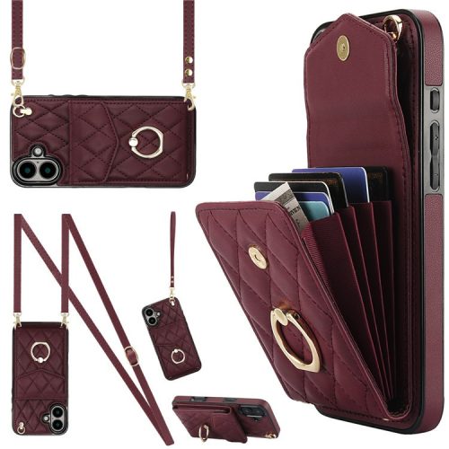 For iPhone 16 Case Card Bag Leather+TPU Crossbody Phone Cover with Ring Kickstand - Wine Red