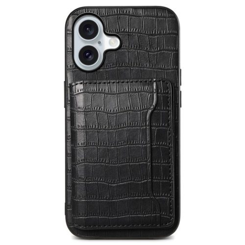 For iPhone 16 Case Card Holder Kickstand Crocodile Texture Leather Back Phone Cover - Black