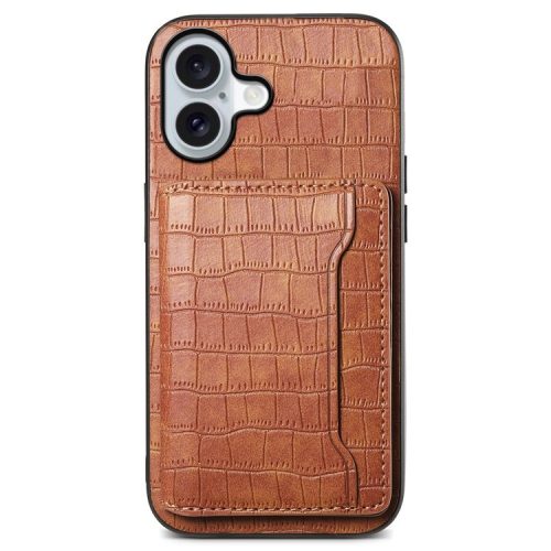 For iPhone 16 Case Card Holder Kickstand Crocodile Texture Leather Back Phone Cover - Brown