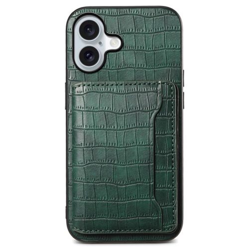 For iPhone 16 Case Card Holder Kickstand Crocodile Texture Leather Back Phone Cover - Green