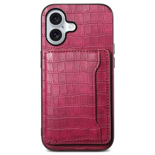 For iPhone 16 Case Card Holder Kickstand Crocodile Texture Leather Back Phone Cover - Red